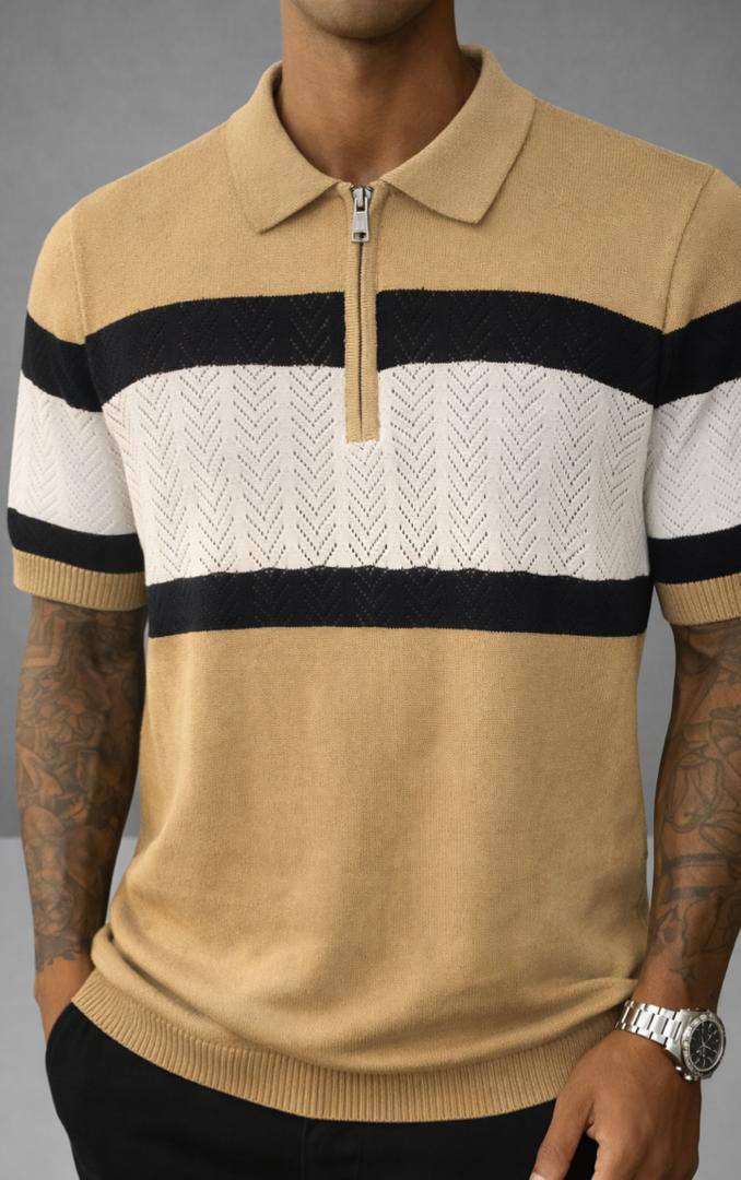 Quarter-Zip Chevron Knit Polo – Sand & Onyx (AC-P)