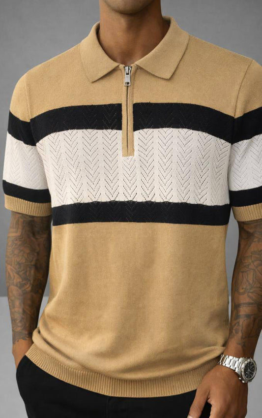 Quarter-Zip Chevron Knit Polo – Sand & Onyx (AC-P)