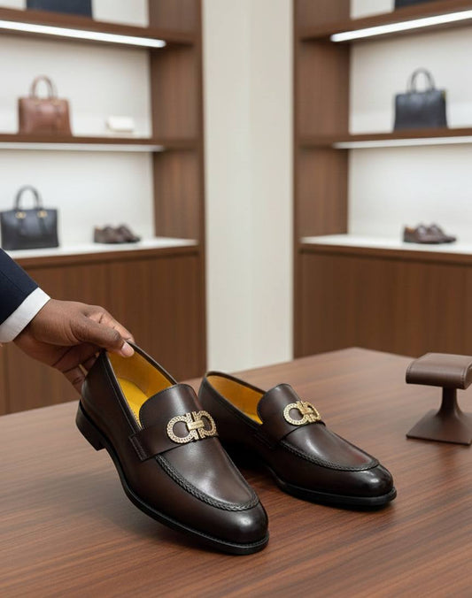 Men Feragamo Penny Loafer Shoes (Coffee Leather with Ornament E-V2)