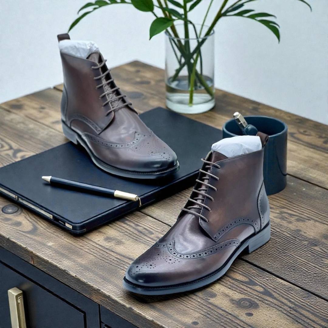 Executive Brogued Italian Leather Boot (Coffee E-1F)