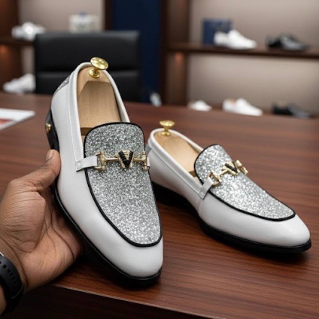 Men’s White & Silver Glitter Luxury Loafer Shoes (E-V5)