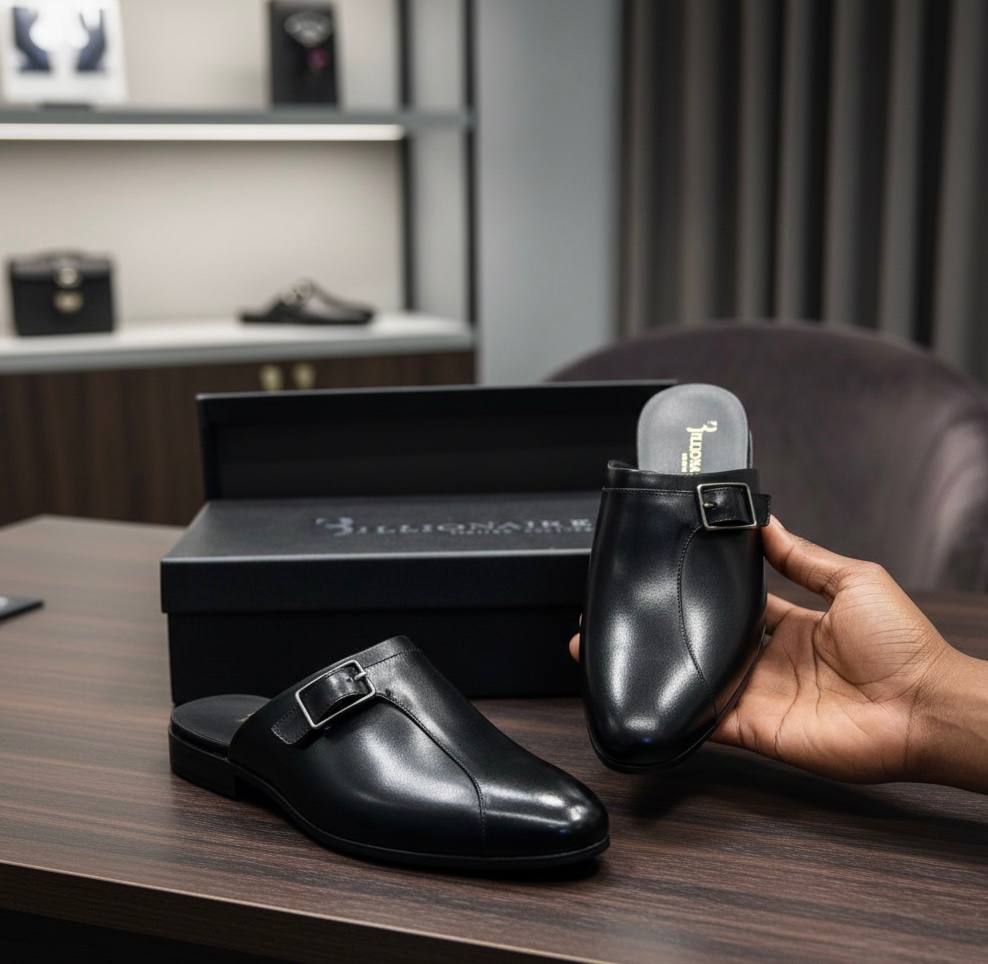 Italian Couture Men’s Leather Monk Strap Mules (Black RTM-2)