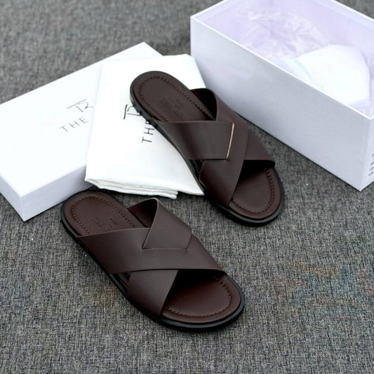 Premium Coffee Leather Cross Slippers