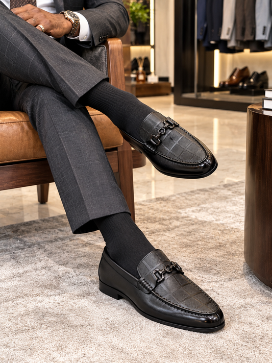 Luxe Black Textured Horsebit Loafer