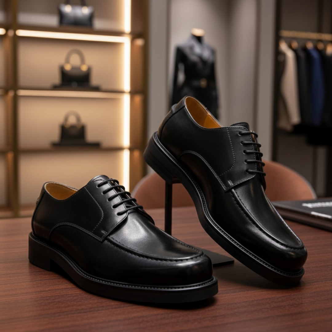 Men’s Black Leather Apron Toe Derby Shoes (RTM-1)