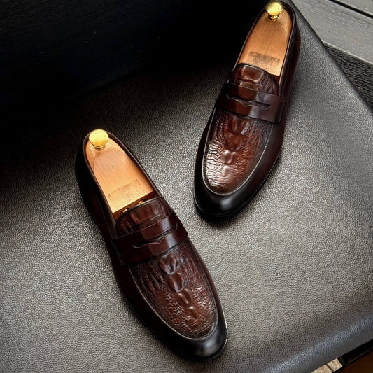 Artisan Croc-Embossed Leather Penny Loafer — Rich Brown