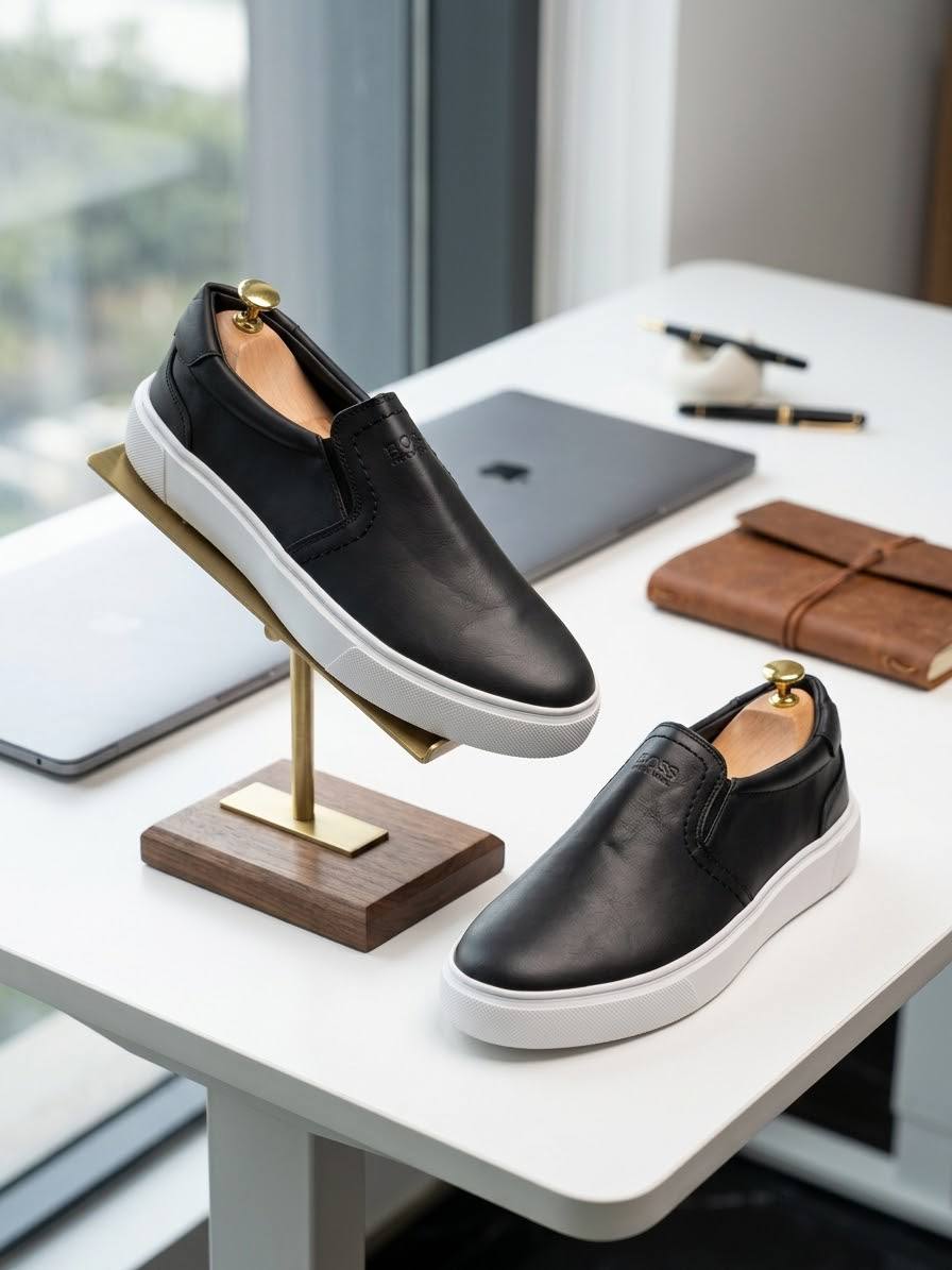 Boss Premium Leather Laceless (Black with White Sole)