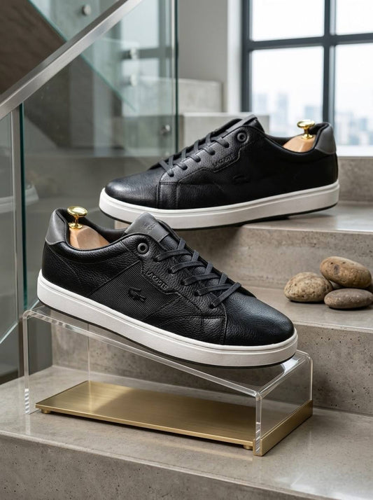 Lacoste Black Tumbled Leather With White Gumsole